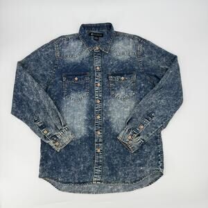 Rocawear Denim Shirt Mens XL Acid Wash Western Button Up Long Sleeve Blue